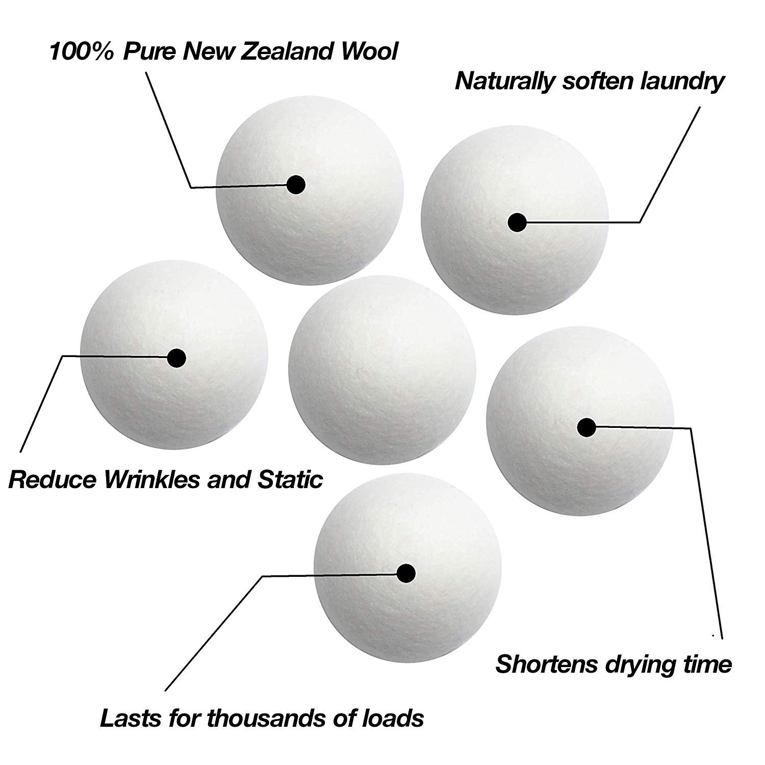 Woolino Wool Dryer Balls, Reusable Laundry Balls, Natural 100% Organic Fabric Softener, Chemical-Free, Baby Safe, 6 Pack XL, White